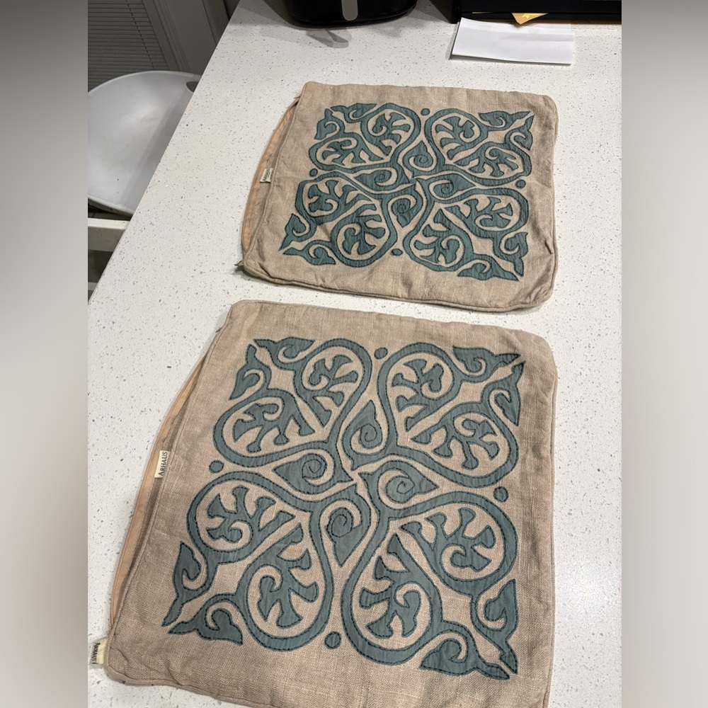 ARHAUS 100 linen turquoise Embroidered Decorative Pillow Covers in Teal on Beige